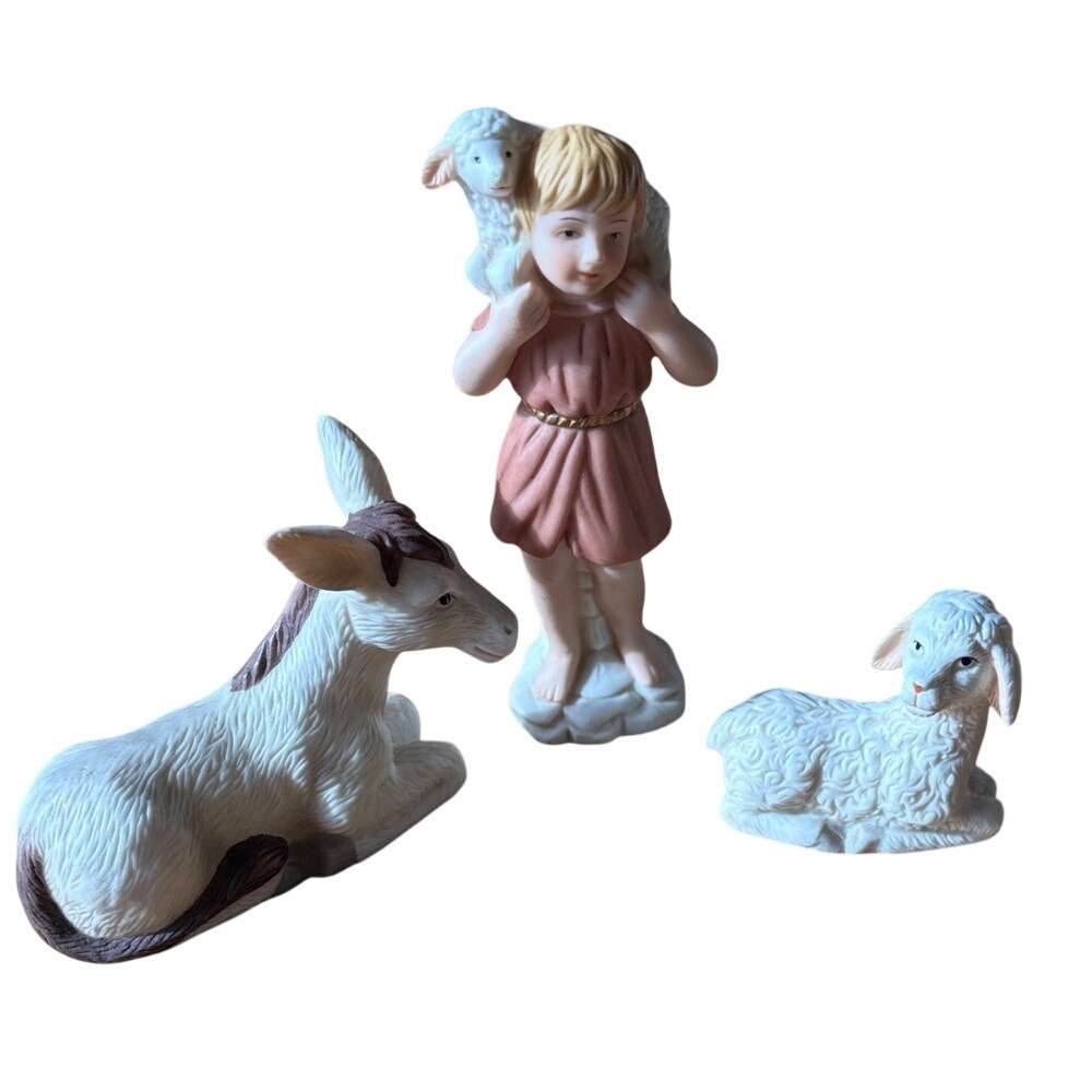 Vintage‎ Lofton Ceramic Nativity Figurine Set: Shepard Boy, Lamb, & Donkey 1995